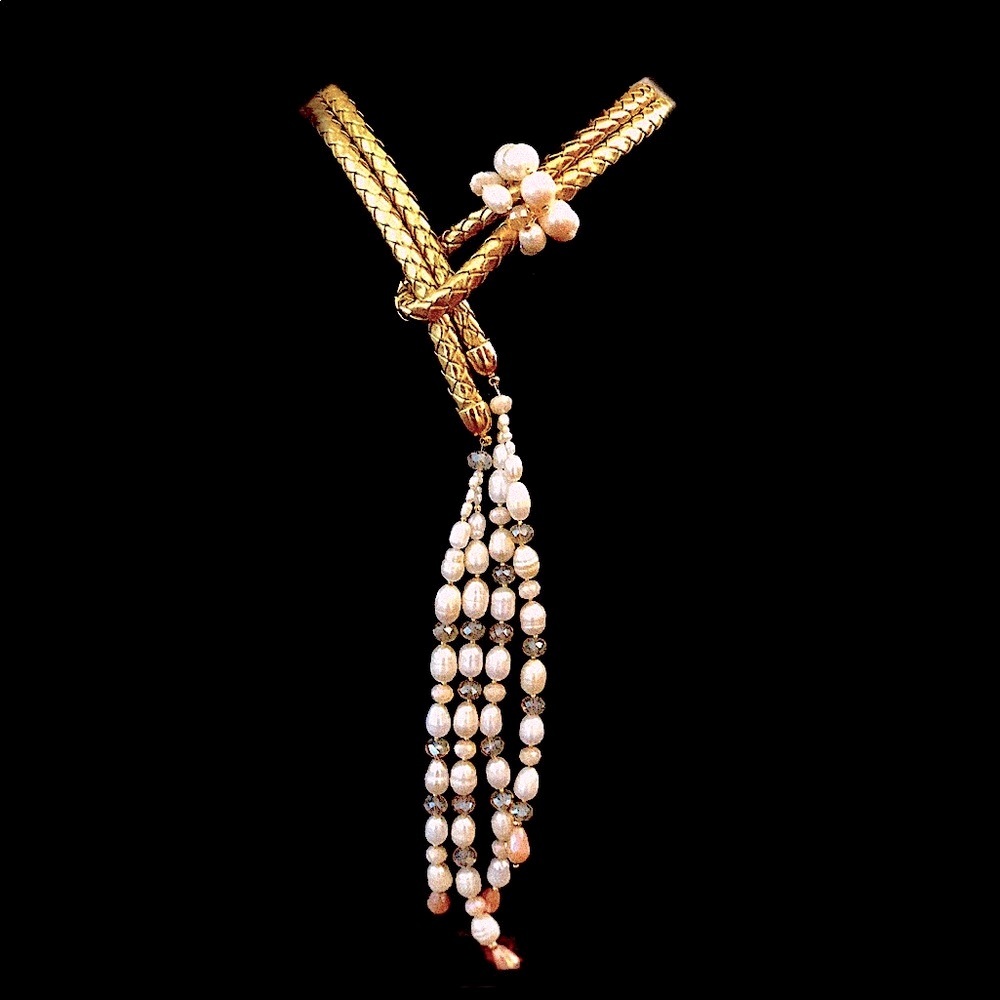 Unique  Neckless , leather , natural pearls & crystals .